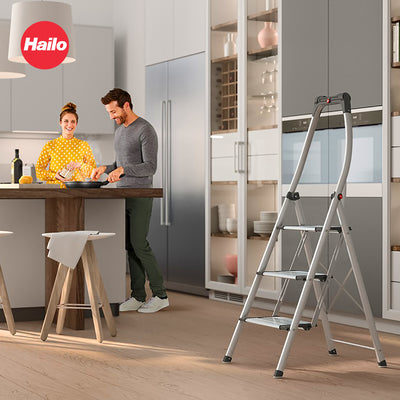 Hailo Folding Step Stool, 2 Step Ladder w/Tray for Home & Kitchen, K100, Silver