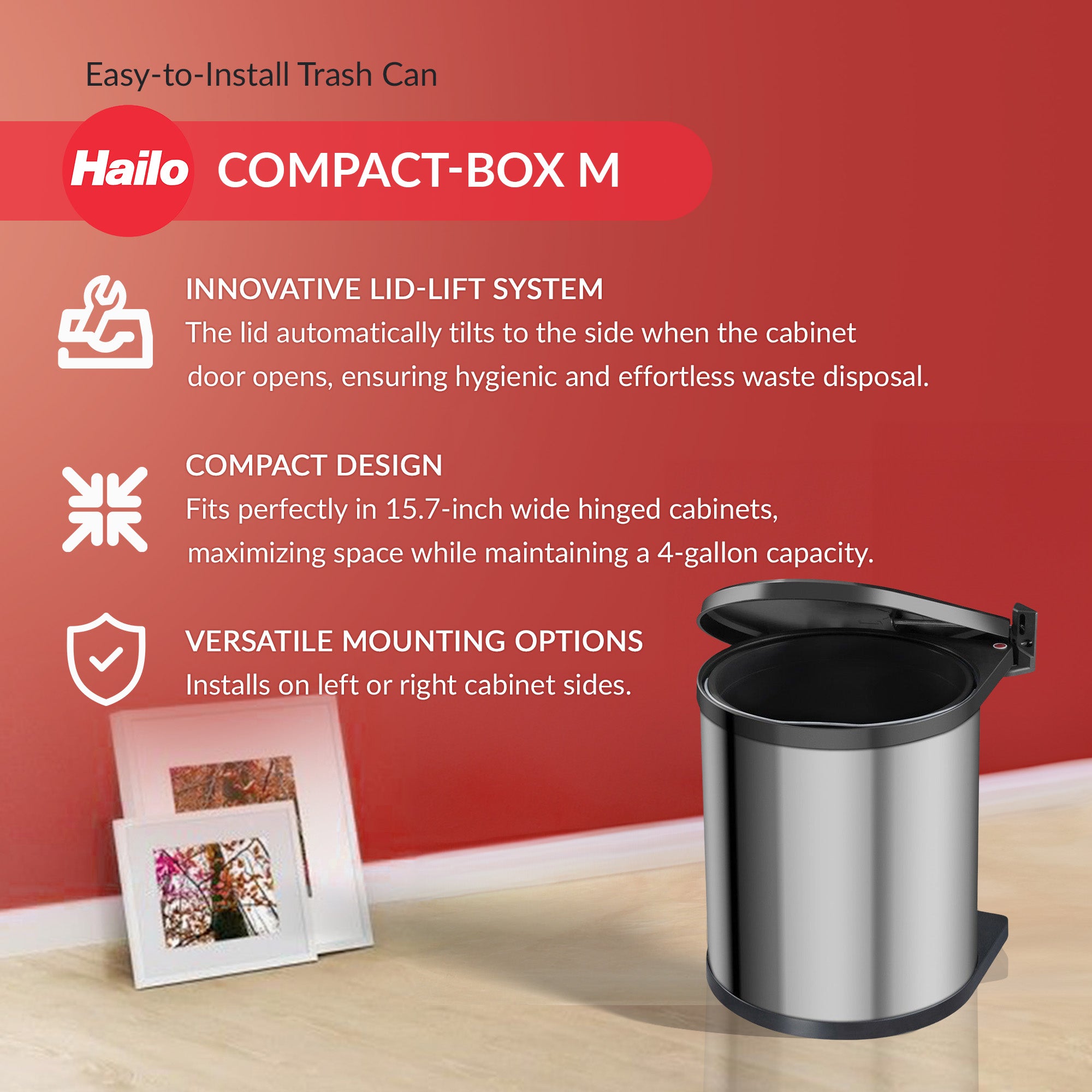 Hailo Compact-Box M Trash Can, 4 Gal, Lid-Lift, Kitchen Bin, Steel (Open Box) - VMInnovations