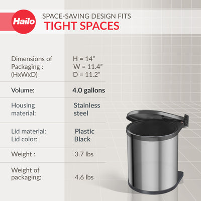 Hailo Compact-Box M Trash Can, 4 Gal, Lid-Lift, Kitchen Bin, Steel (Open Box) - VMInnovations