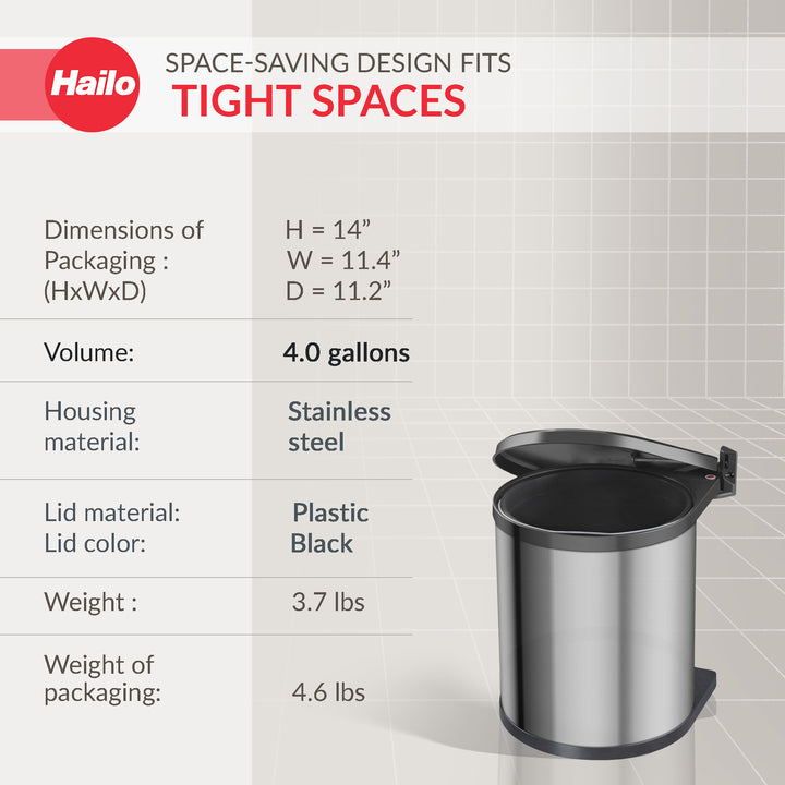 Hailo Compact-Box M Trash Can, 4 Gal, Lid-Lift, Small Kitchen Bin, Steel (Used)