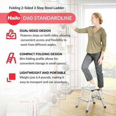 Hailo Folding Step Stool, 2-Sided 3 Step Ladder for Garage, (Open Box) - VMInnovations