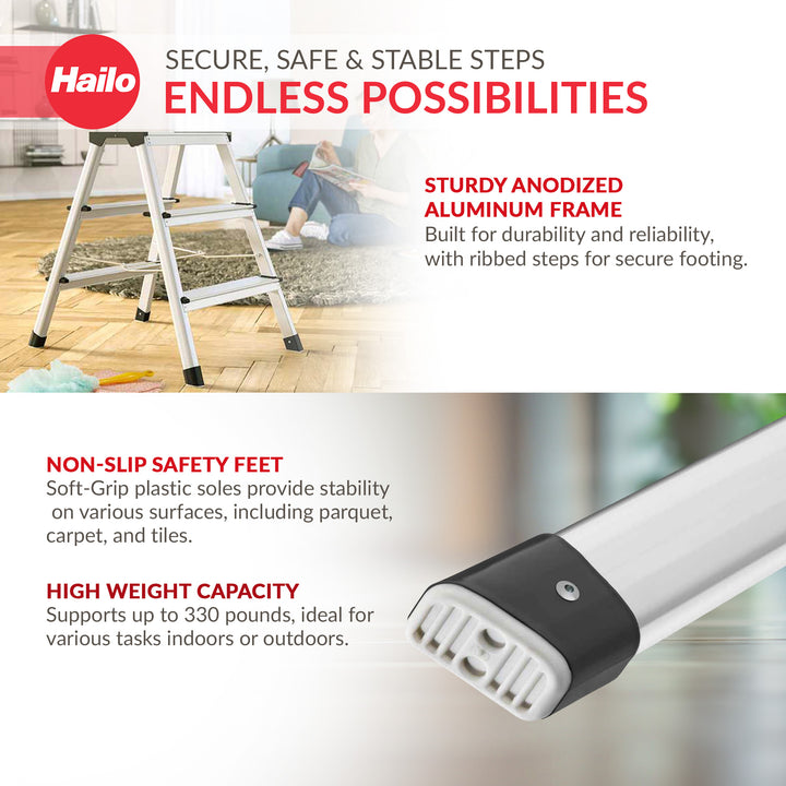 Hailo Folding Step Stool, 2-Sided 3 Step Ladder for Garage, (Open Box)