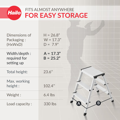Hailo Folding Step Stool, 2-Sided 3 Step Ladder for Garage, (Open Box) - VMInnovations