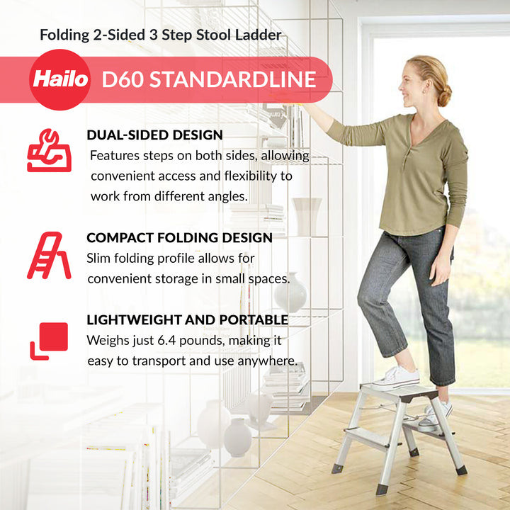 Hailo Folding Step Stool, 2-Sided 3 Step Ladder for Garage, (Open Box)