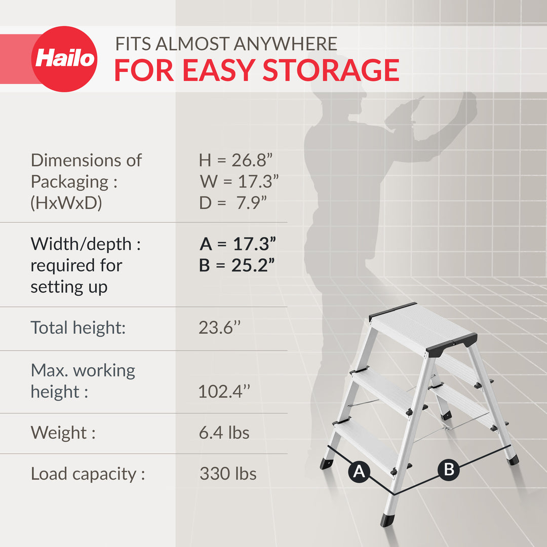 Hailo Folding Step Stool, 2-Sided 3 Step Ladder for Garage, (Open Box) - VMInnovations