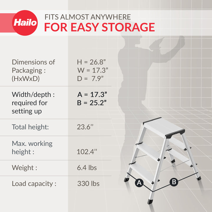 Hailo Folding Step Stool, 2-Sided 3 Step Ladder for Garage, (Open Box) - VMInnovations