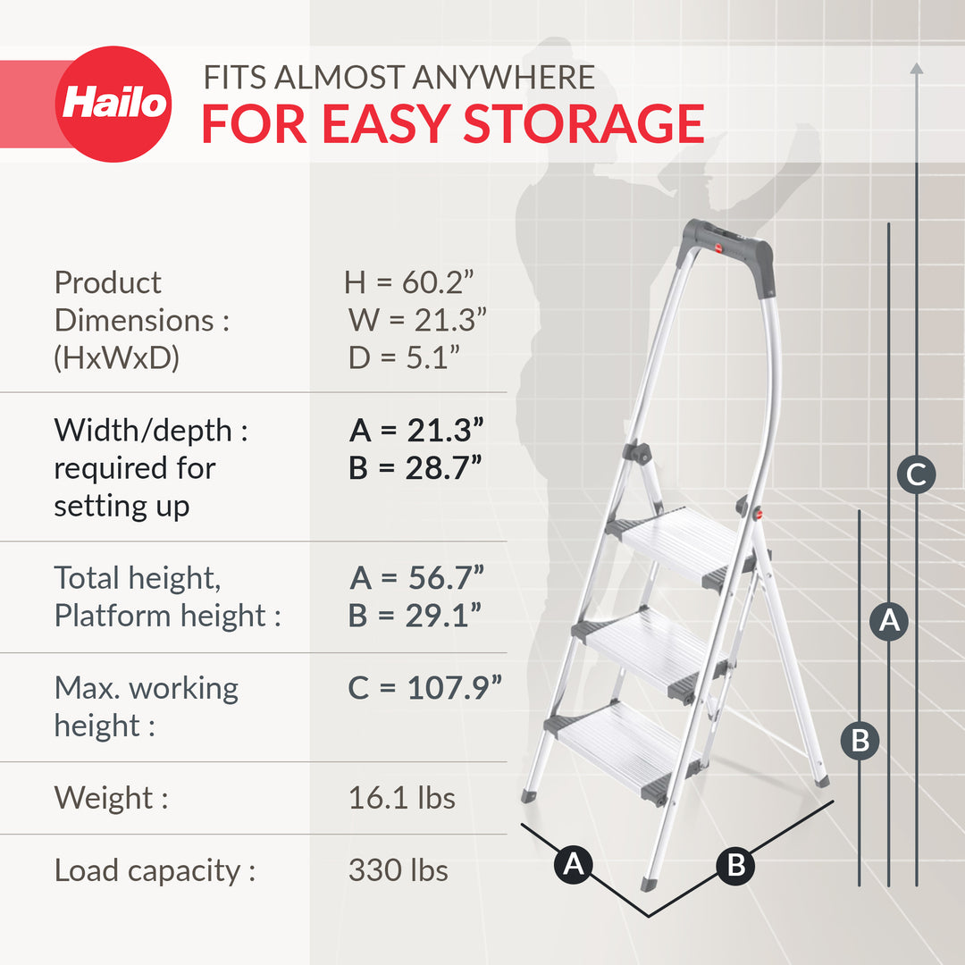 Hailo Step Stool, 3 Step Ladder w/Tray for Home & Kitchen, Silver (Open Box)