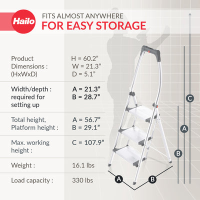 Hailo Folding Step Stool, 3 Step Ladder w/Tray for Home & Kitchen, K100, Silver - VMInnovations
