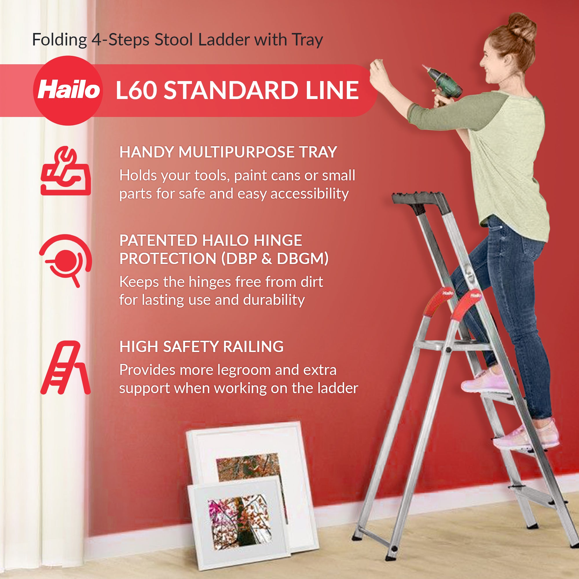 Hailo Folding Step Stool, 4 Step Ladder w/ Tray for Home & Kitchen, L60, Silver - VMInnovations