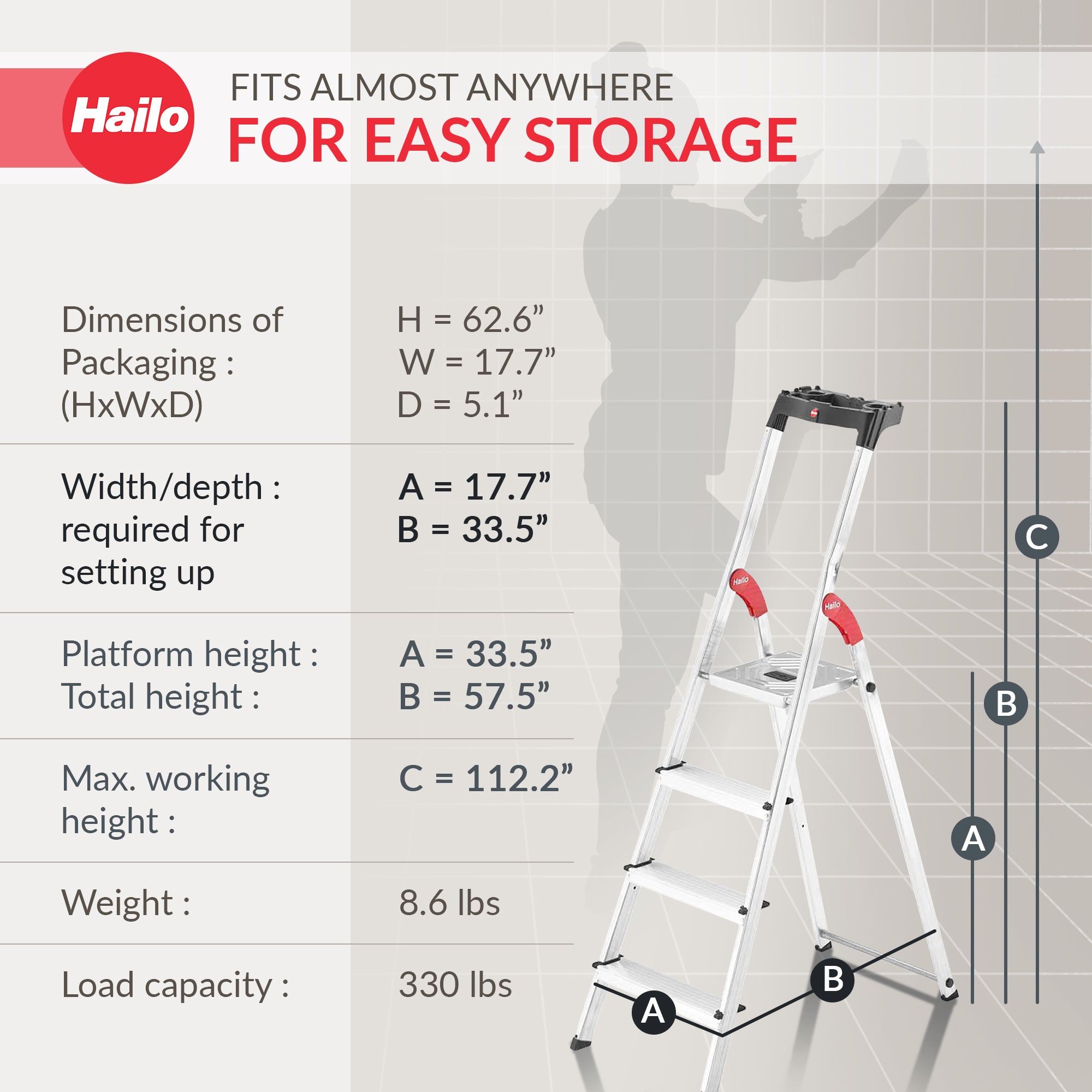 Hailo Folding Step Stool, 4 Step Ladder w/ Tray for Home & Kitchen, L60, Silver - VMInnovations