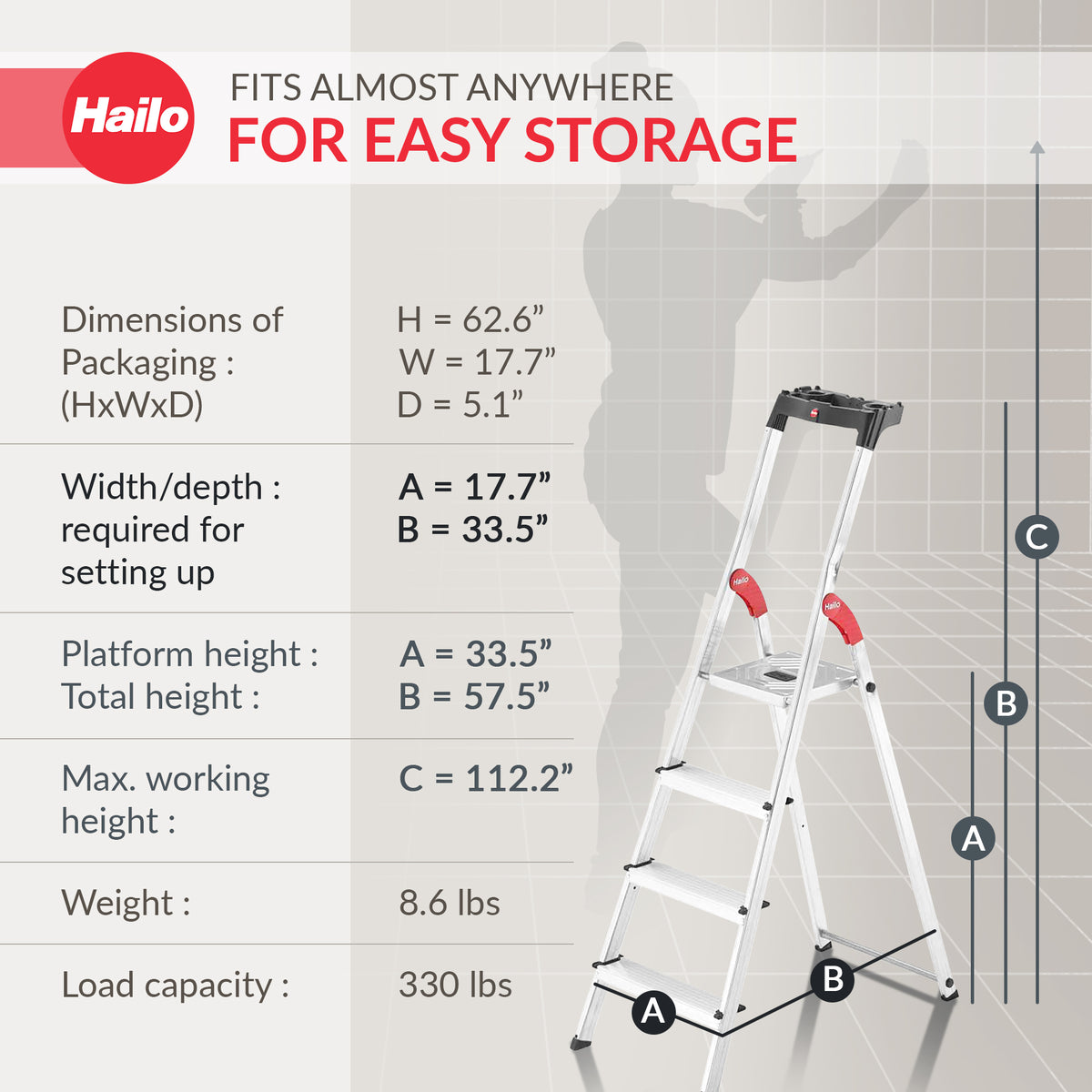 Hailo Folding Step Stool, 4 Step Ladder w/ Tray for Home & Kitchen, L60, Silver