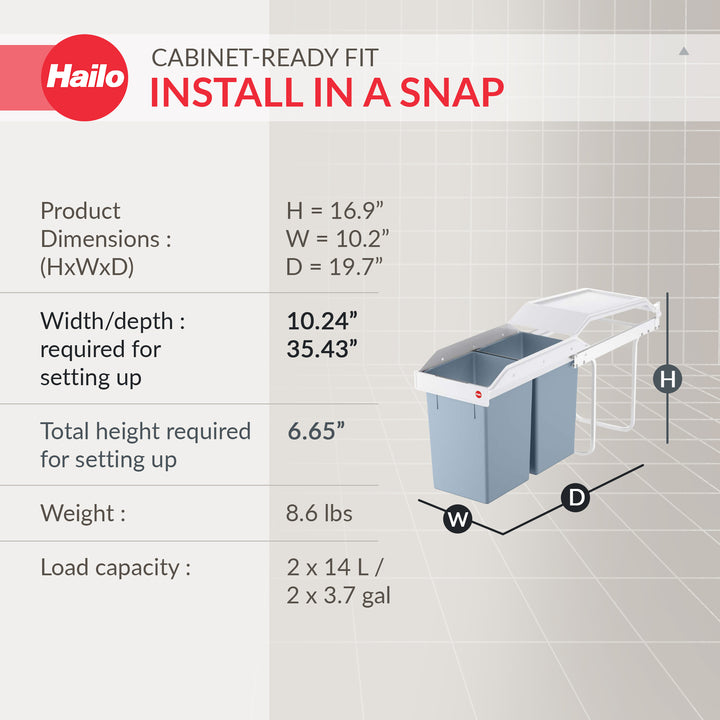Hailo Multi-Box Pull-Out Trash Can, 11.8" Cabinet, 2 Bins, 3.7 Gal, Blue (Used)