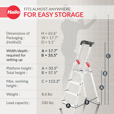 Hailo Folding Step Stool, 4 Step Ladder w/ Tray for Home & Kitchen, L60, Silver - VMInnovations