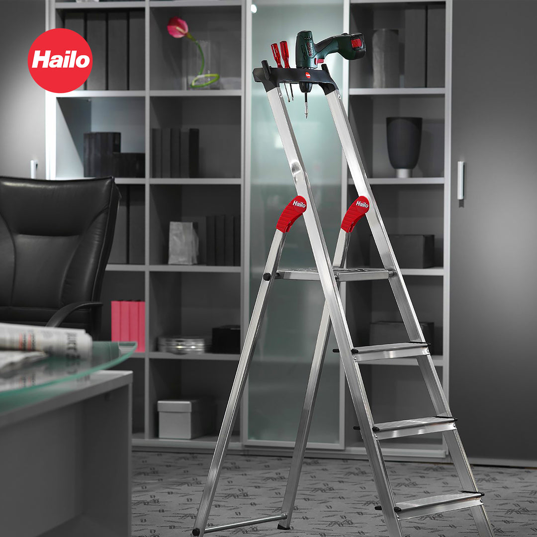 Hailo Folding Step Stool, 4 Step Ladder w/ Tray for Home & Kitchen, L60, Silver