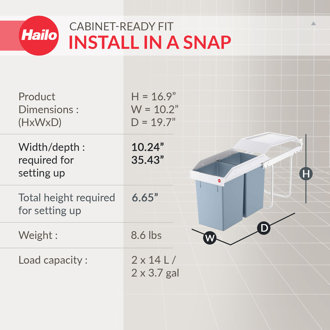 Hailo Duo L Pull-Out Trash Can, 11.8" Cabinet, 2 Bins, 3.7 Gal, Blue (Open Box)