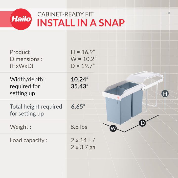 Hailo Duo L Pull-Out Trash Can, 11.8" Cabinet, 2 Bins, 3.7 Gal, Blue (Open Box)