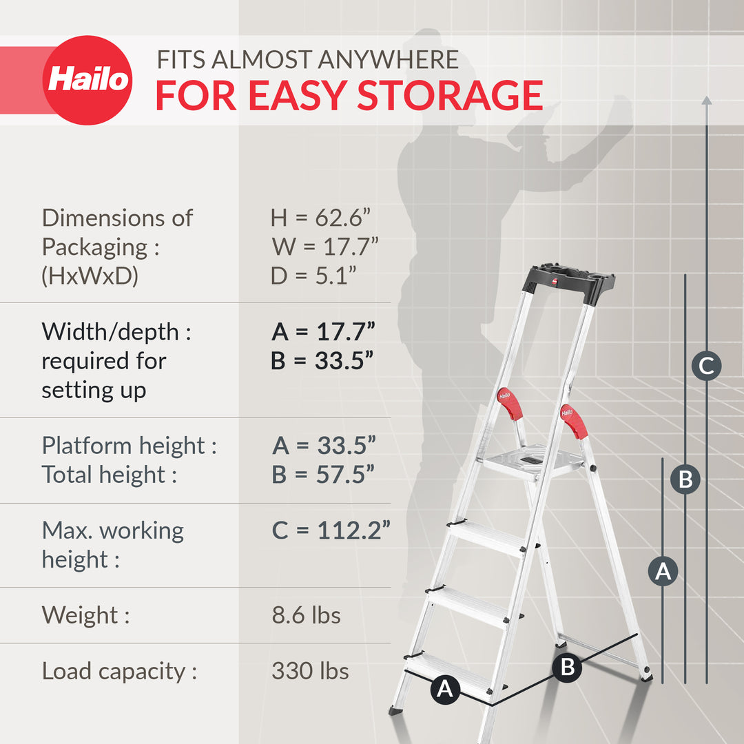 Hailo Folding Step Stool, 4 Step Ladder w/ Tray for Home & Kitchen, L60, Silver