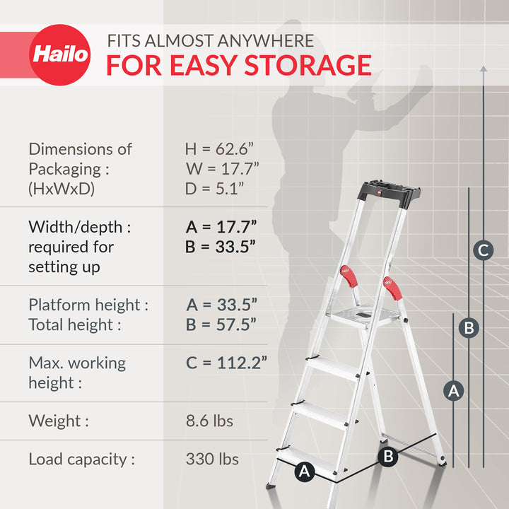 Hailo Folding Step Stool, 4 Step Ladder w/ Tray for Home & Kitchen, L60, Silver