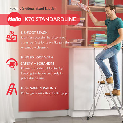 Hailo Folding Step Stool, Non-Slip 3 Step Ladder for Home & Kitchen, K70, Silver - VMInnovations
