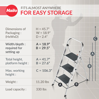 Hailo Folding Step Stool, Non-Slip 3 Step Ladder for Home & Kitchen, K70, Silver - VMInnovations