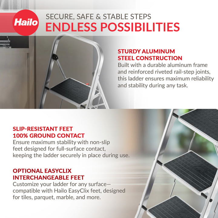 Hailo Folding Step Stool, Non-Slip 3 Step Ladder for Home & Kitchen, K70, Silver