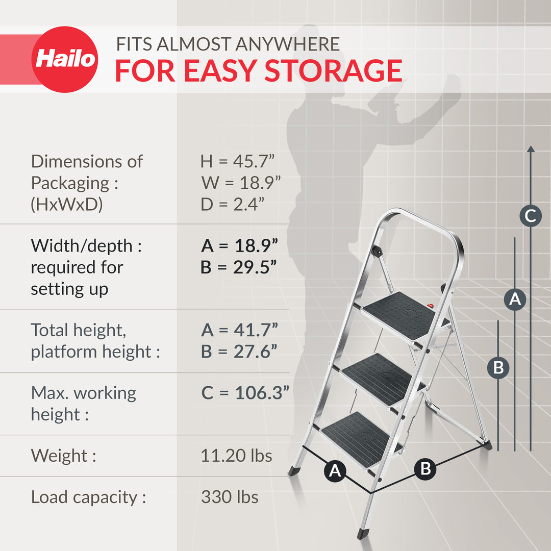 Hailo Folding Step Stool, Non-Slip 3 Step Ladder for Home & Kitchen, K70, Silver