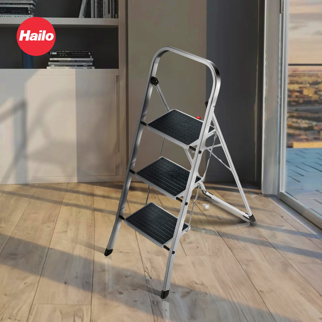 Hailo Folding Step Stool, Non-Slip 3 Step Ladder for Home & Kitchen, K70, Silver