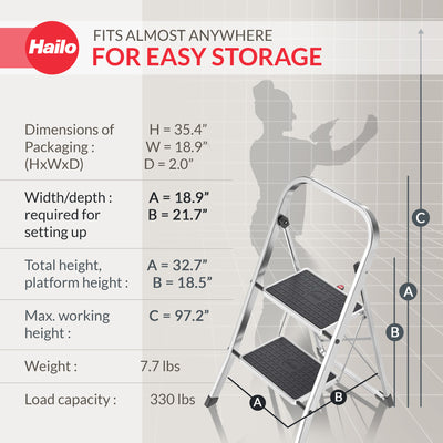 Hailo 2-Tread Household Step Stool, 11.8" Wide Step, 330 lb Capacity, Silver - VMInnovations