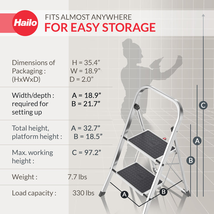 Hailo 2-Tread Household Step Stool, 11.8" Wide Step, 330 lb Capacity (Open Box)