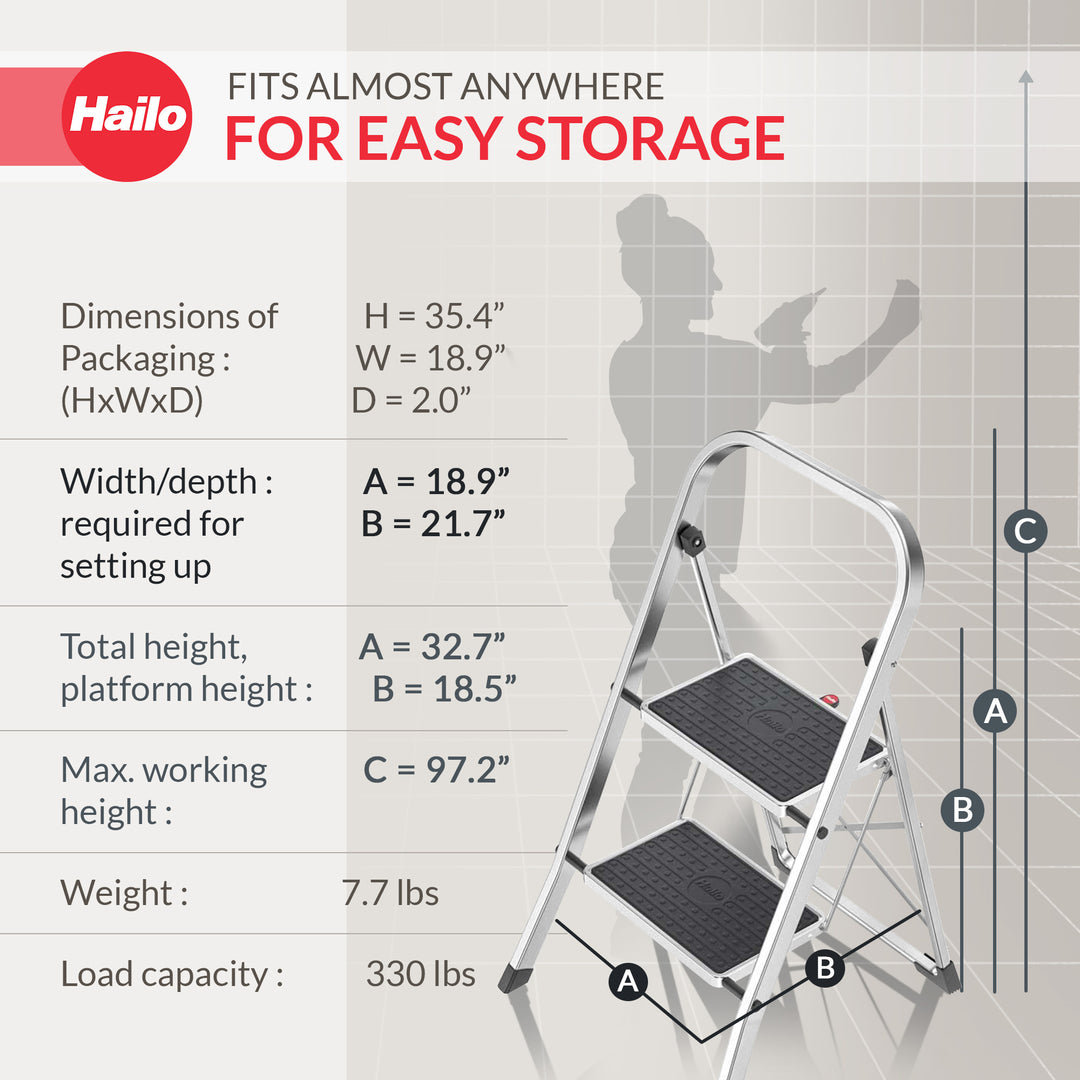 Hailo 2-Tread Household Step Stool, 11.8" Wide Step, 330 lb Capacity (Open Box)
