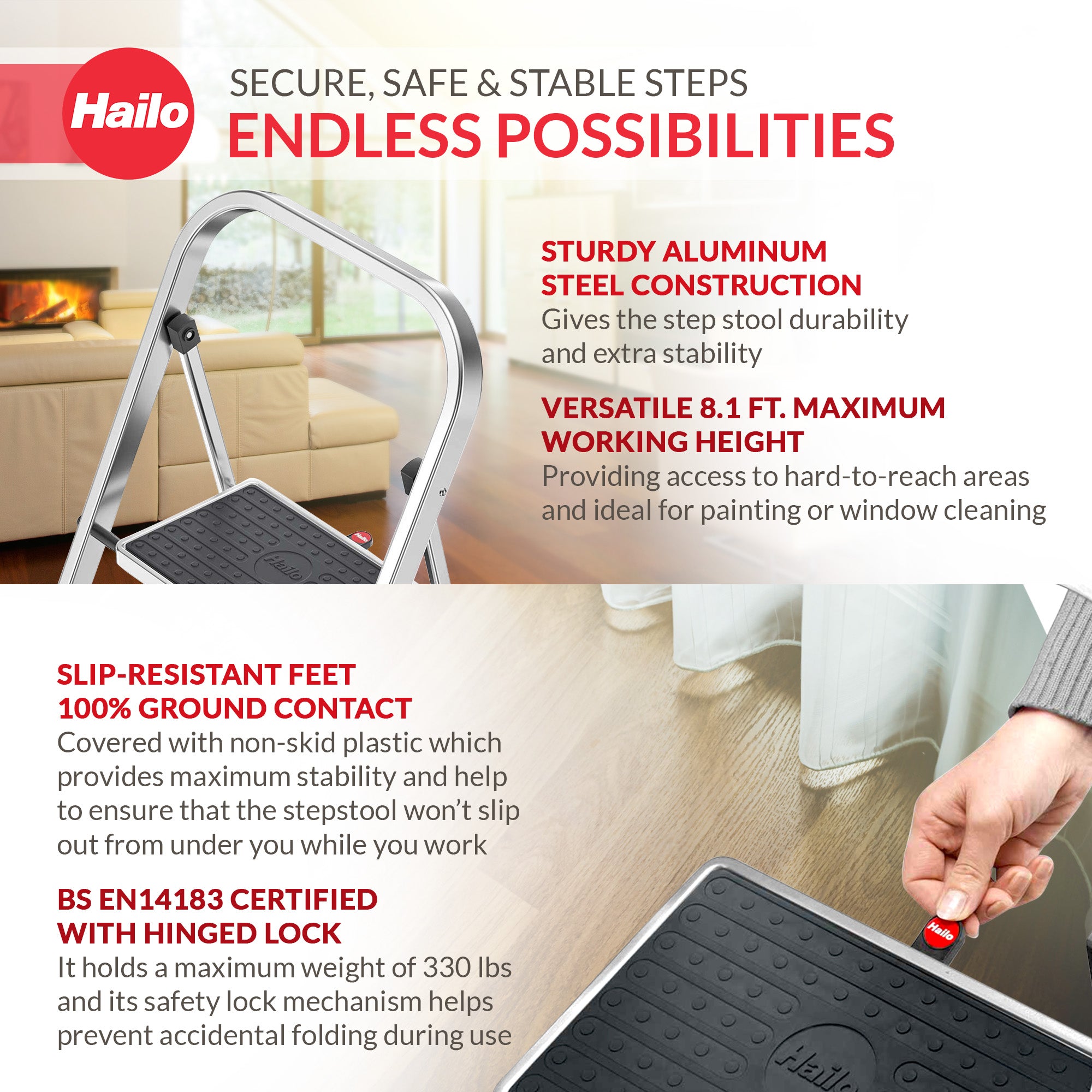 Hailo 2-Tread Household Step Stool, 11.8" Wide Step, 330 lb Capacity (Open Box) - VMInnovations