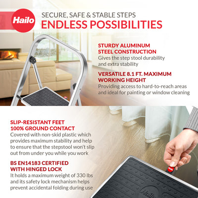 Hailo 2-Tread Household Step Stool, 11.8" Wide Step, 330 lb Capacity (Open Box)