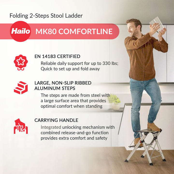 Hailo Folding 2 Step Non-Slip Stool for Home and Kitchen, MK80, Silver(Open Box)
