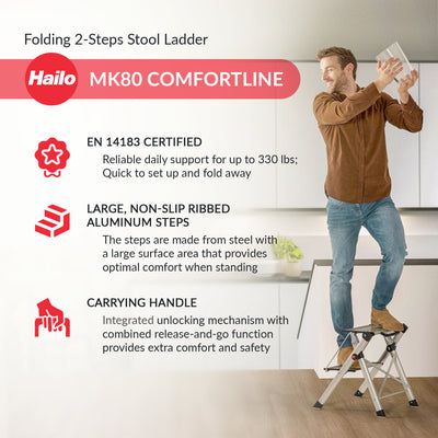 Hailo Folding 2 Step Non-Slip Stool for Home and Kitchen, MK80, Silver/Black - VMInnovations