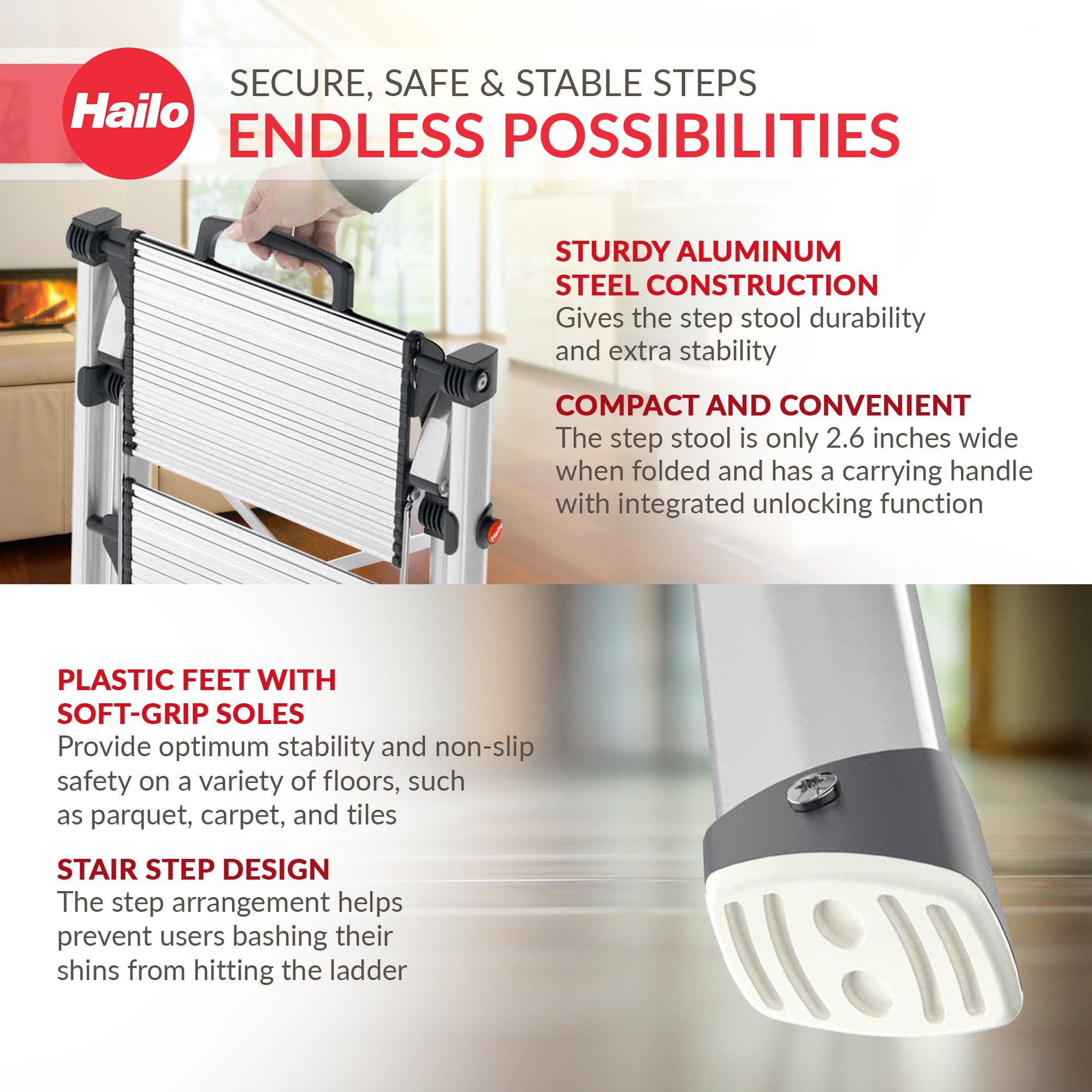 Hailo Folding 2 Step Non-Slip Stool for Home and Kitchen, MK80, Silver/Black - VMInnovations