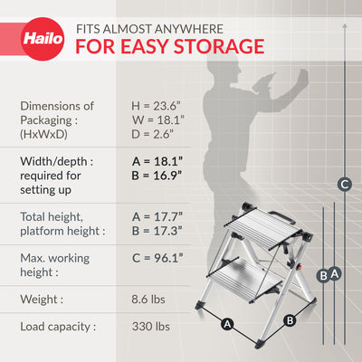 Hailo Folding 2 Step Non-Slip Stool for Home and Kitchen, MK80, Silver/Black - VMInnovations