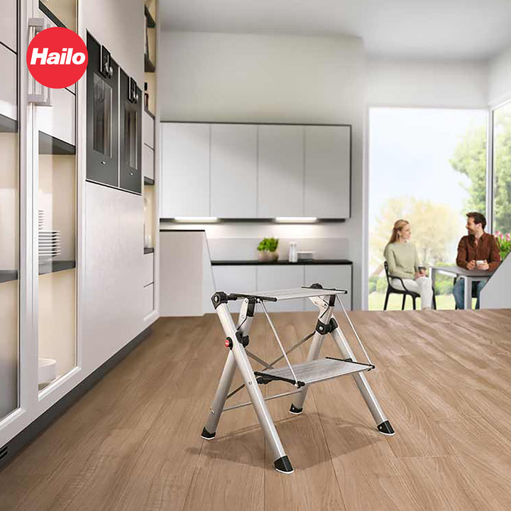 Hailo Folding 2 Step Non-Slip Stool for Home and Kitchen, MK80, Silver/Black
