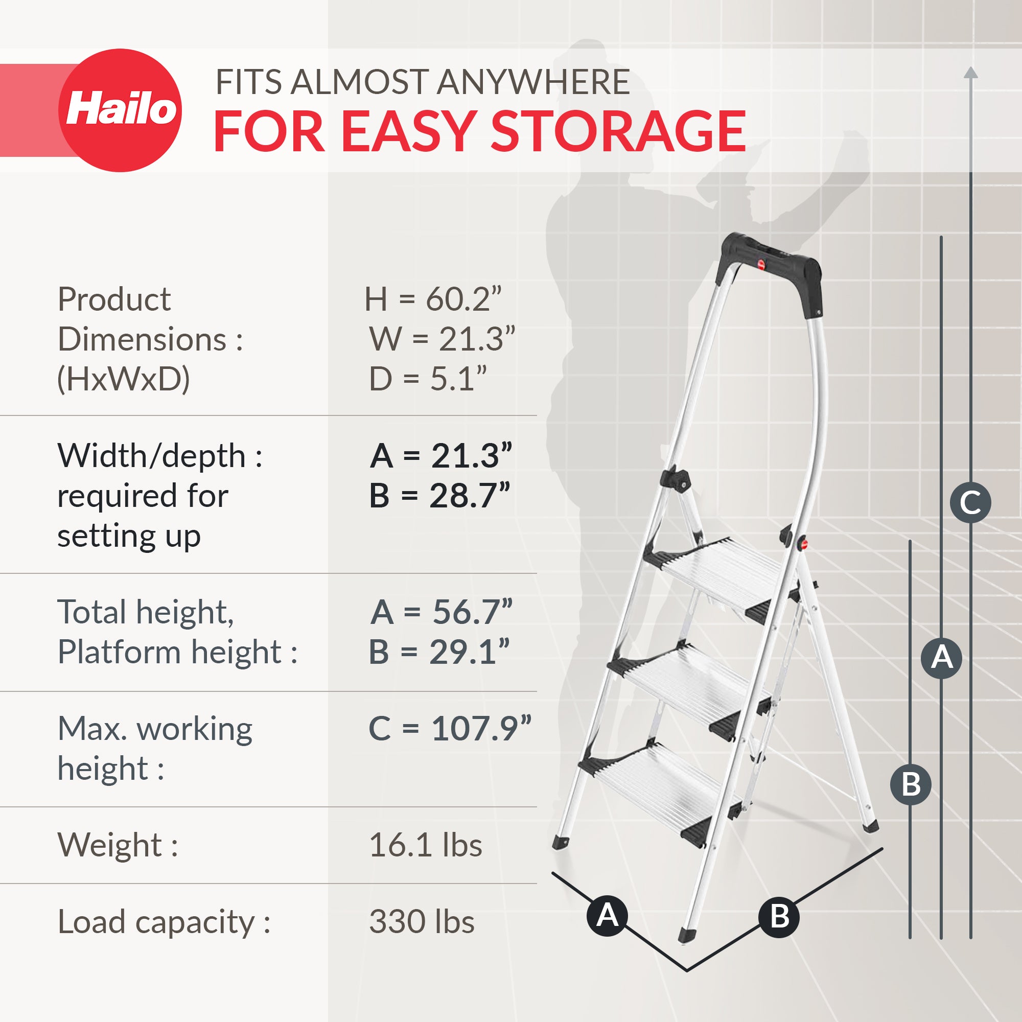 Hailo Folding Step Stool, 3 Step Ladder w/Tray for Home & Kitchen, K95, Silver - VMInnovations