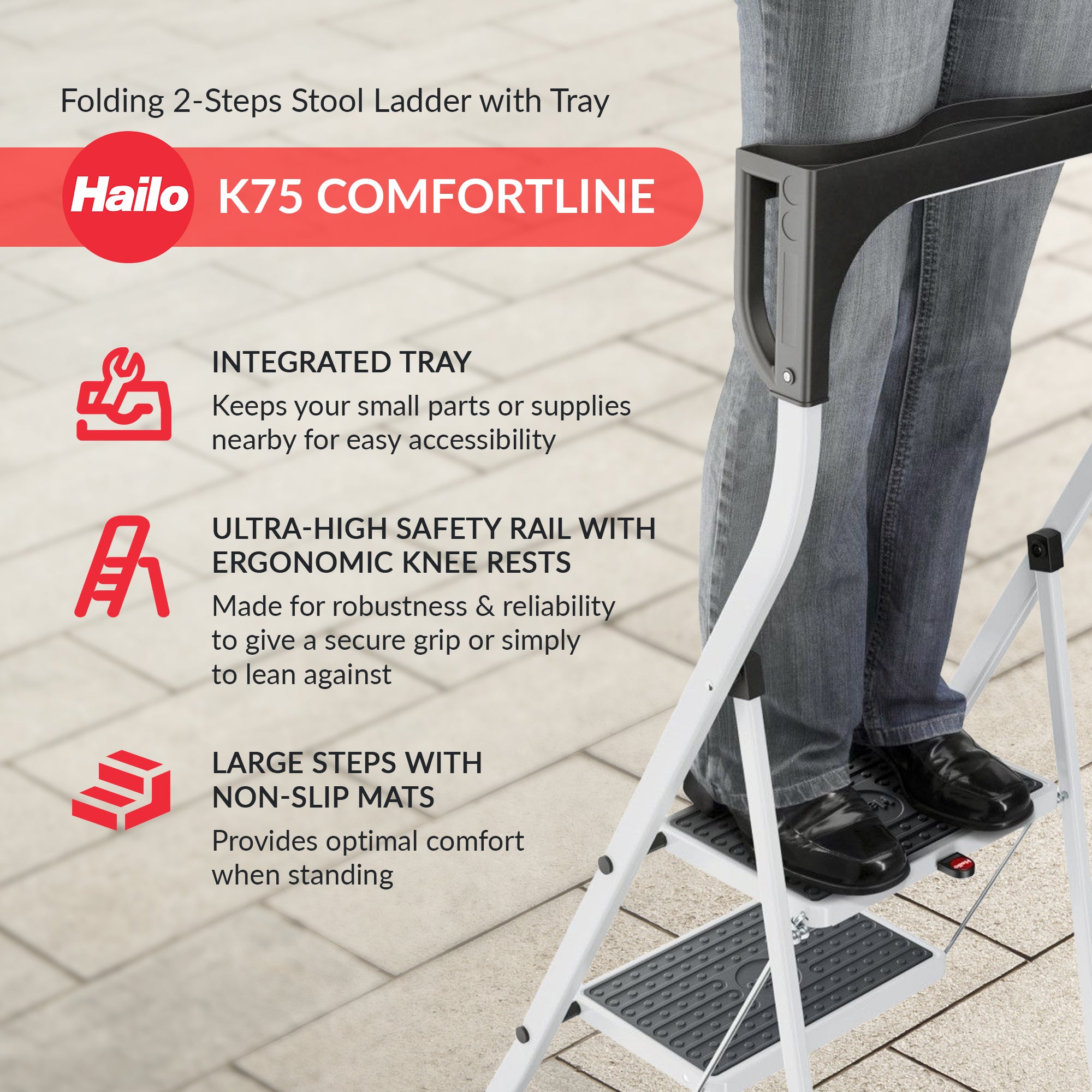 Hailo K75 ComfortLine Step Ladder, 2-Step Foldable Steel Stool for Home Use - VMInnovations