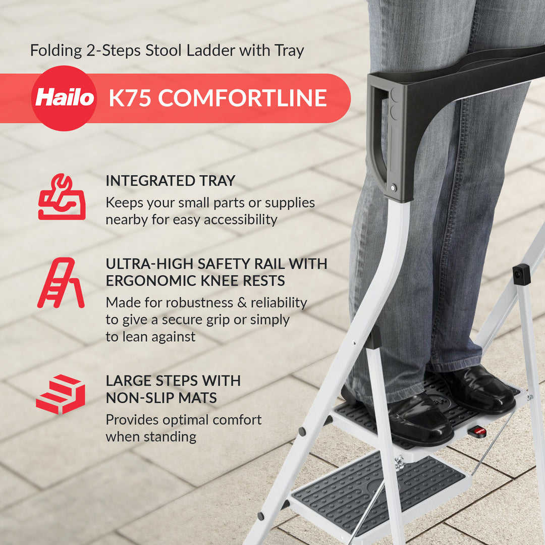 Hailo K75 ComfortLine Step Ladder, 2-Step Foldable Steel Stool for Home Use