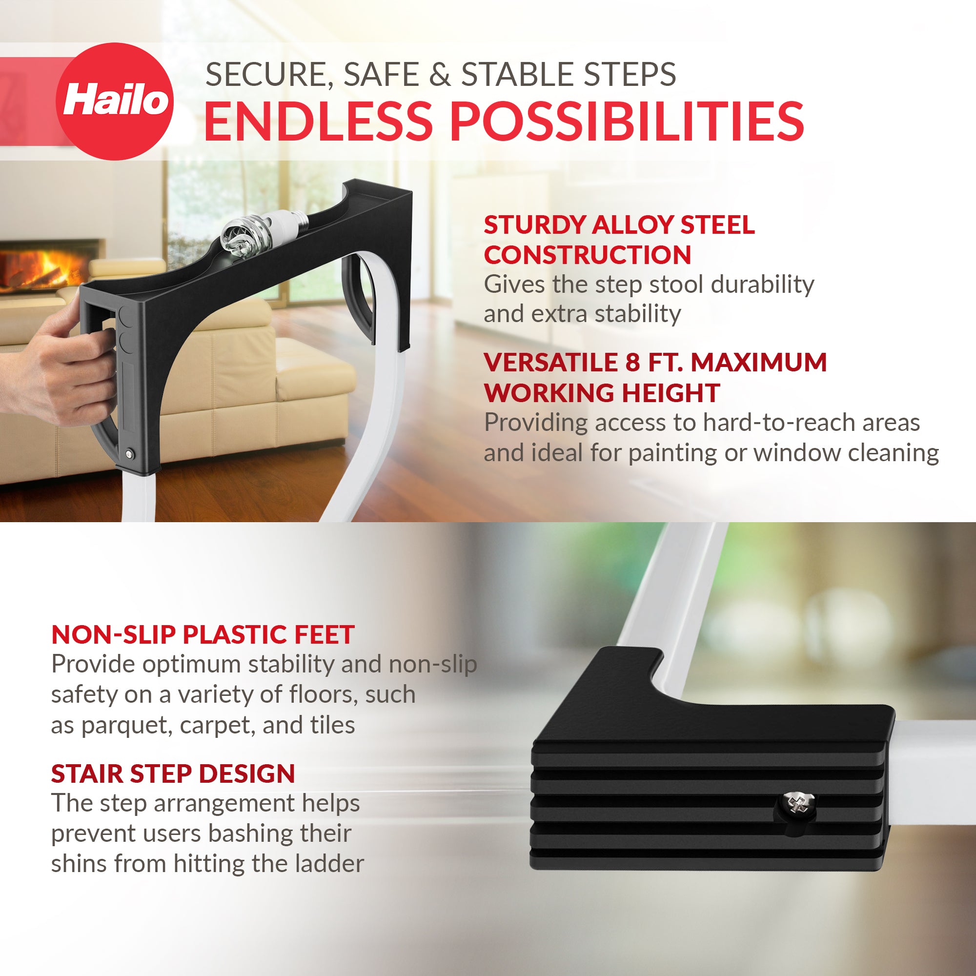Hailo K75 ComfortLine Step Ladder, 2-Step Foldable Steel Stool for Home Use - VMInnovations