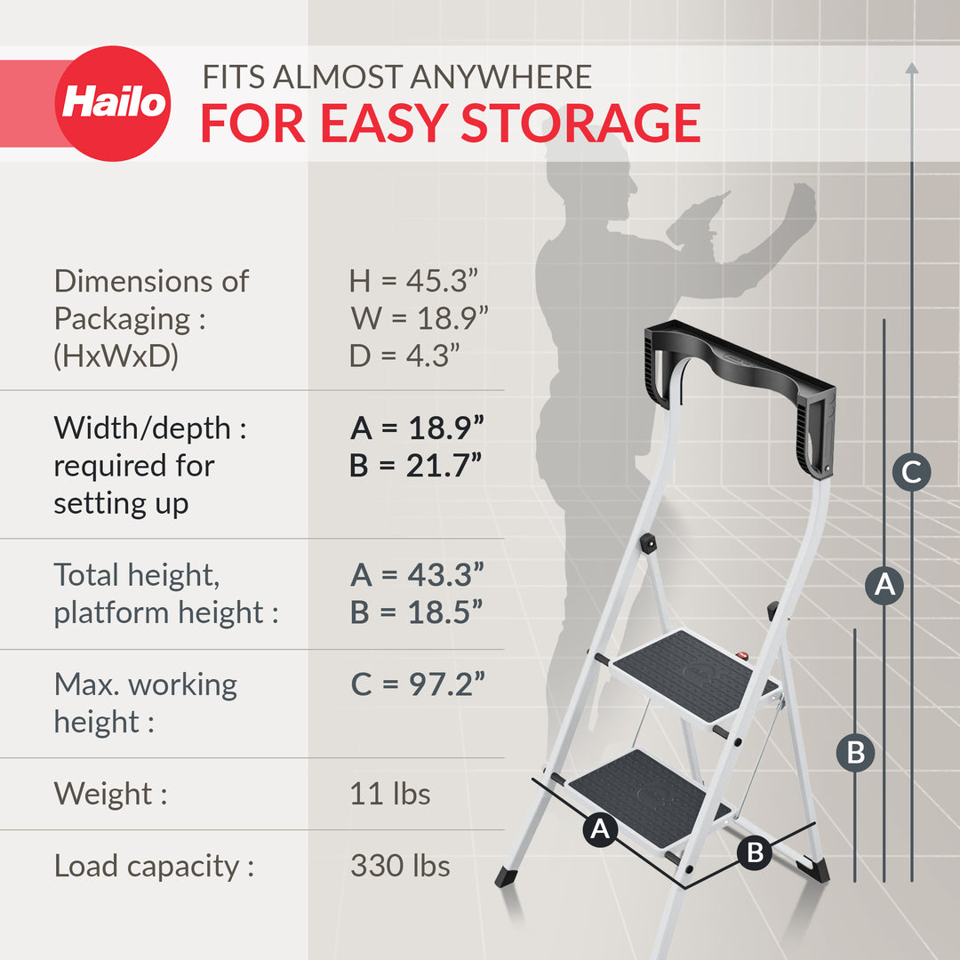 Hailo K75 ComfortLine Step Ladder, 2-Step Foldable Steel Stool for Home Use