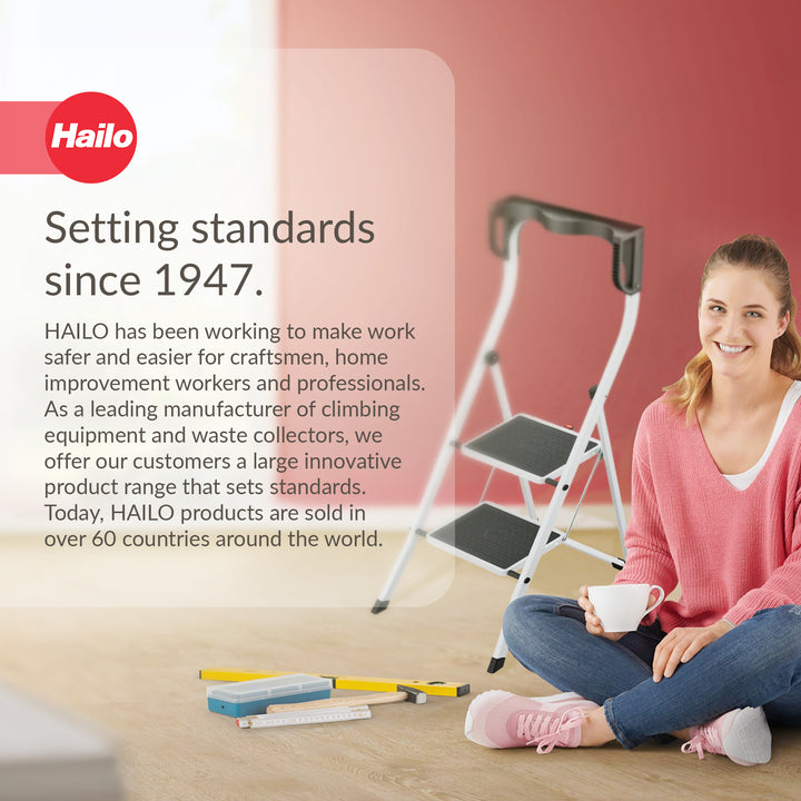 Hailo K75 ComfortLine Step Ladder, 2-Step Foldable Steel Stool for Home Use