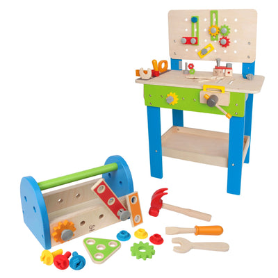 Hape Wooden Child Master Workbench Toy Builder Set Bundle with Fix It Tool Box