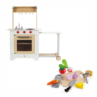 Hape Cook 'N Serve Kids Pretend Play Wooden Cooking Kitchen Bundle w/ Play Food