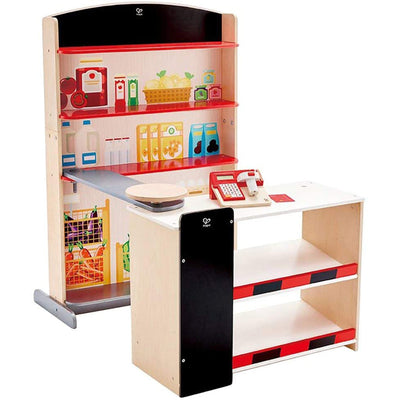 Hape Pop Up Grocery Shop Kids Play Set Bundle w/ Mini Supermarket Shopping Cart