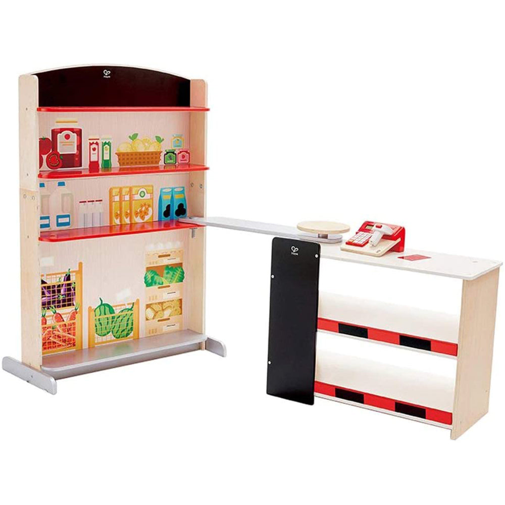 Hape Pop Up Grocery Shop Kids Play Set Bundle w/ Mini Supermarket Shopping Cart