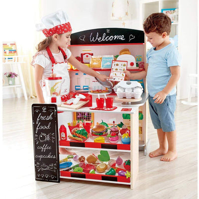 Hape Pop Up Grocery Shop Kids Play Set Bundle w/ Mini Supermarket Shopping Cart