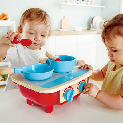 Hape Toddler Wooden Pretend Kitchen Stove Top Set with 5 Accessories (Open Box)
