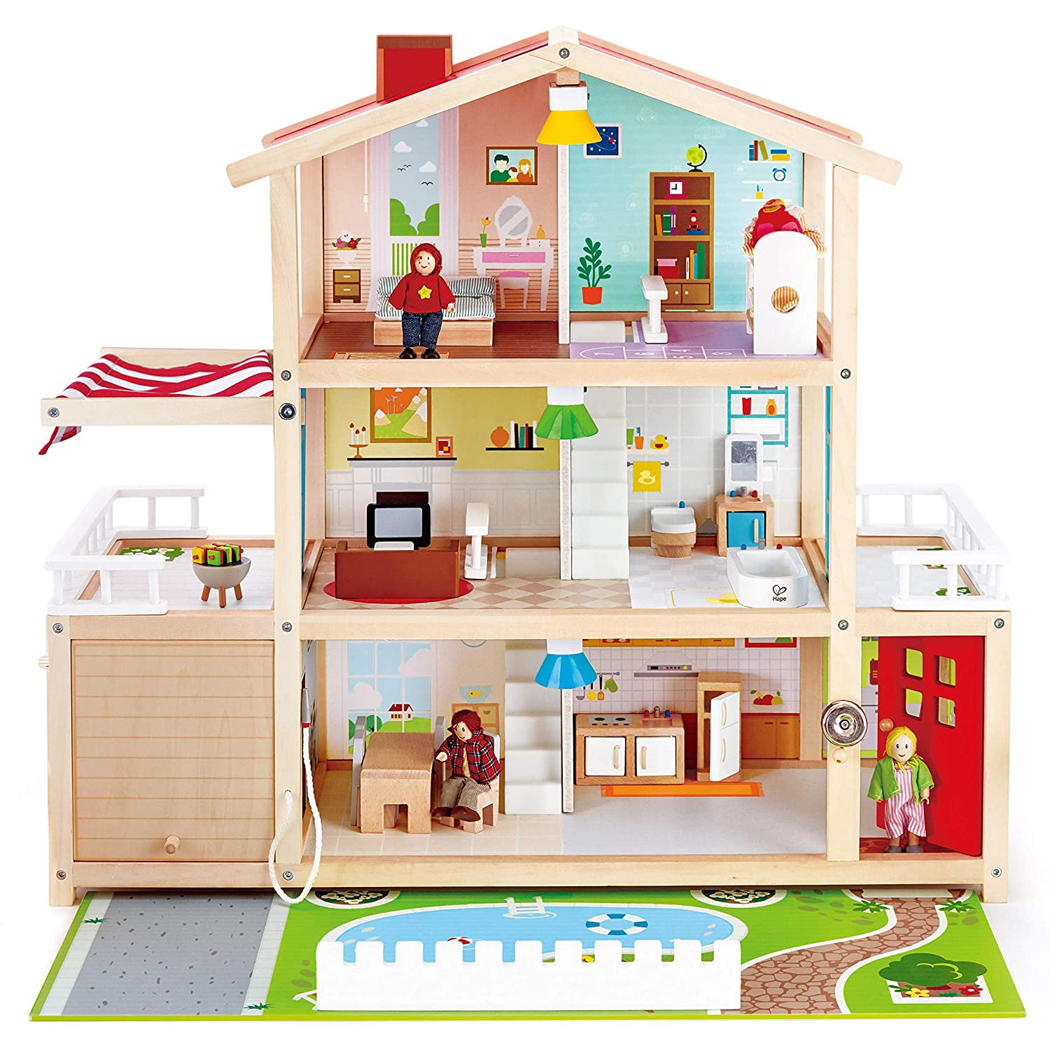 Hape Wooden 10 Room Family Play Mansion Dollhouse with Accessories, Ages 3 & Up